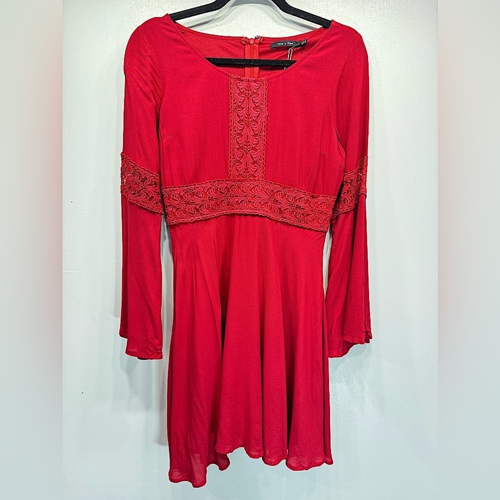 Red Skater Style Bell Sleeve Lace Inlays ModCloth Mini Dress by Doe & Rae Medium